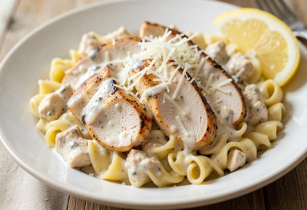 Creamy white sauce pasta in a bowl