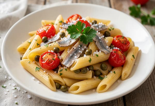 Mediterranean pasta with olives and tomatoes