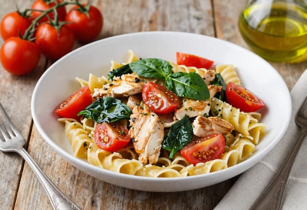 Protein chicken pasta with grilled chicken strips